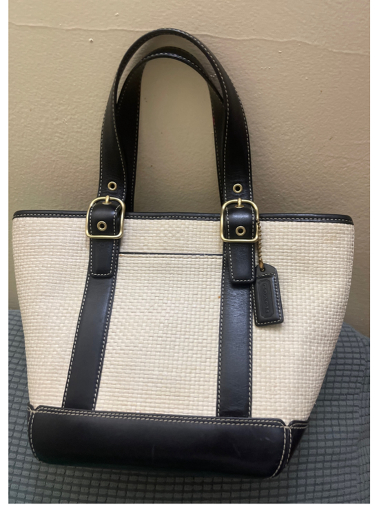 Coach Handbags - Coach Straw & Leather Tote Bag Beige Black small size